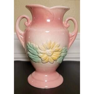 Vintage Hull Sunglow Pink Rose Yellow Daisy Double Handle Vase Pottery